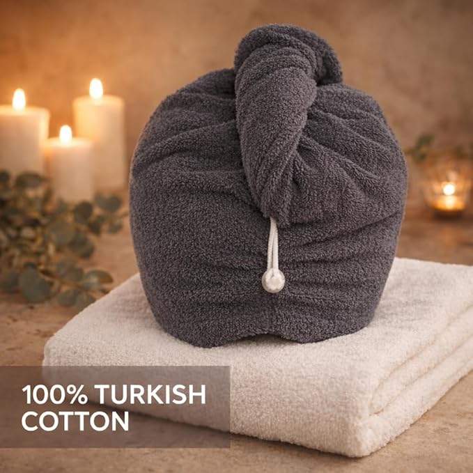 100% Turkish Cotton Hair Towel Wrap 2 Pack – Oeko-TEX Certified Quick Dry Turban for Wet Hair – Soft, Absorbent, Gentle on Curly & Long Hair – 10x26 Inch