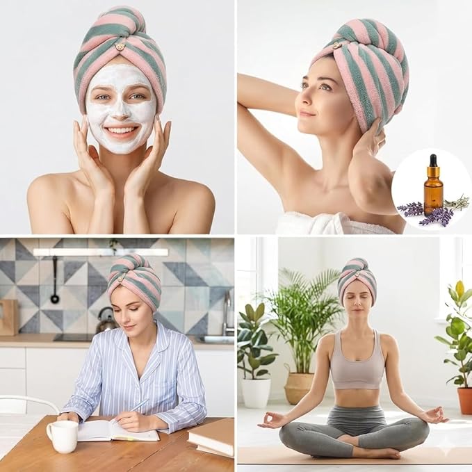 3 Pack Microfiber Hair Towel Wrap for Women, Fast Drying Hair Turban with Button, Anti-Frizz Large Hair Towel for All Hair Styles, Soft & Absorbent Hair Drying Towel