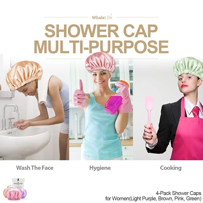 Shower Cap for Women Reusable Extra Large Shower Caps for Men Satin Double Layer EVA Waterproof Long Hair Caps(Light Purple, Brown, Pink, Green 4 Pack)