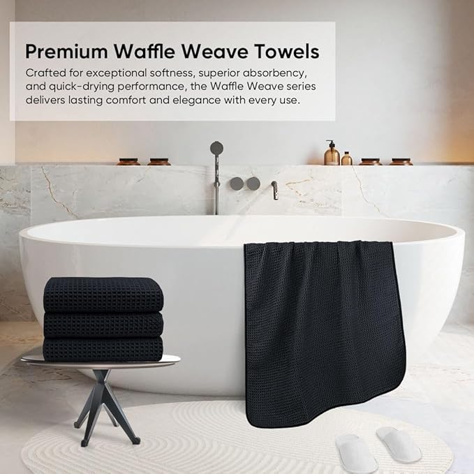 HOMEXCEL Waffle Bath Towels Set 4 Pack, Premium Microfiber Bathroom Towels, Lightweight, Highly Absorbent and Quick Dry Towel for Bathroom, Gym, Shower, Hotel, and Spa, 30 x 60 Inch, Black