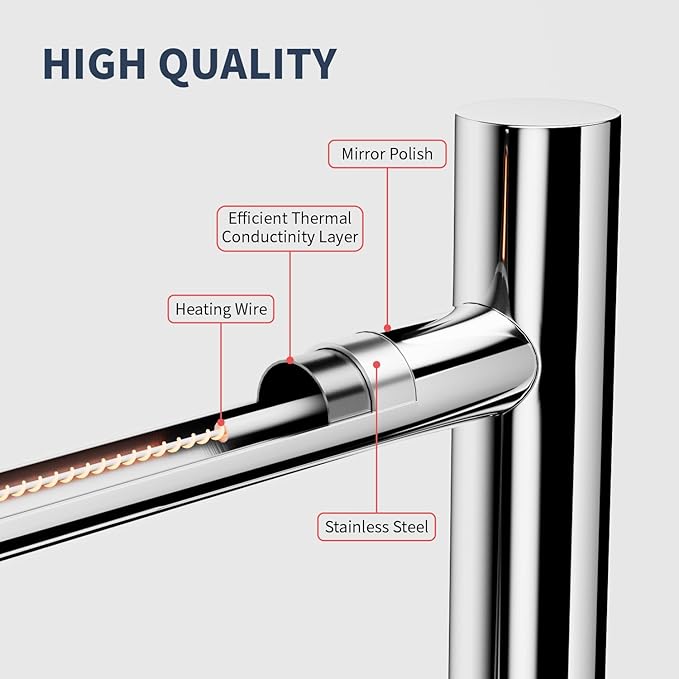 Freestanding Towel Warmer 6 Bars Plug-in Option 3 Working Modes with Top-Mounted Timer Mirror Polished Stainless Steel 24” W 34” H