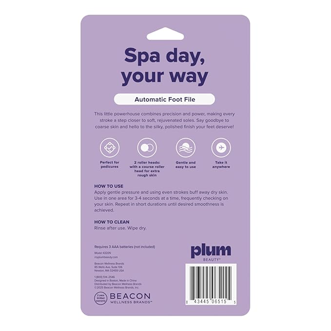 Plum Beauty Automatic Foot File – Electronic Callus Remover for Feet – Includes 2 Roller Heads (Coarse & Regular) – Portable Pedicure Tool for Dry & Rough Skin – Use Wet or Dry