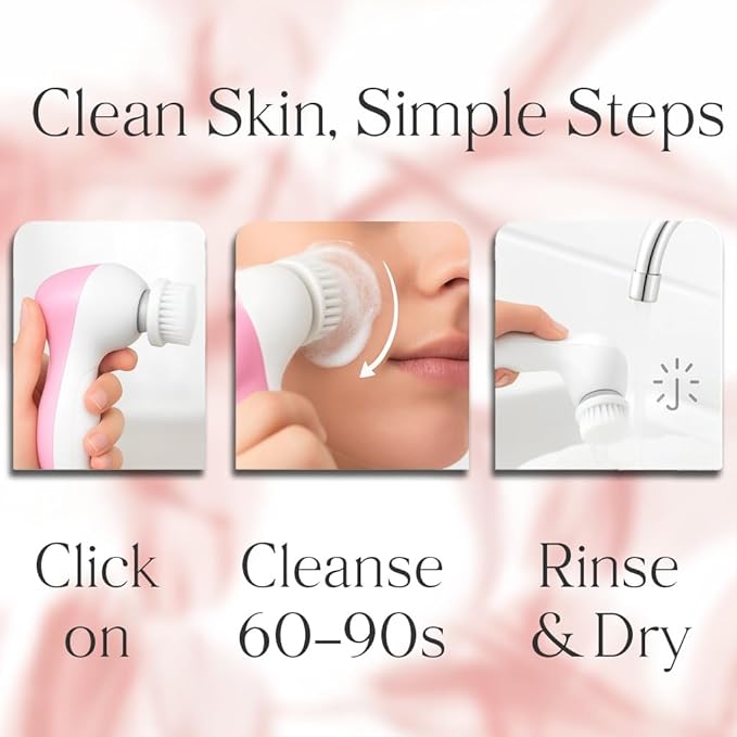 Facial Cleansing Brush Face Scrubber, 7-in-1 Electric Spin Cleanser Brushes with 6 Brush Heads for Deep Cleansing, Gentle Exfoliating, Removing Blackheads, Massaging (White & Pink)