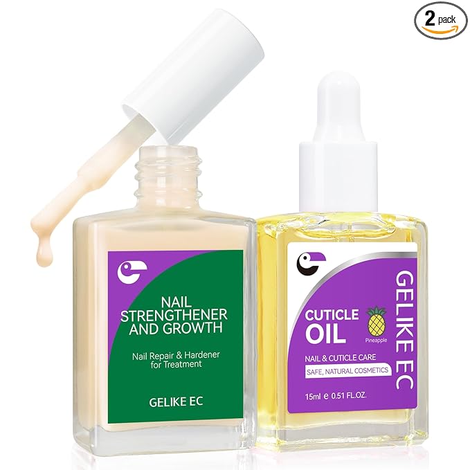 Gelike EC 2-in-1 Nail Rescue Kit: Apricot Nail Nail Growth Treatment & Pineapple Cuticle Oil (15ml) - Tropical Scented Nail Care - Strengthens & Brightens - Travel-Friendly Mini Size