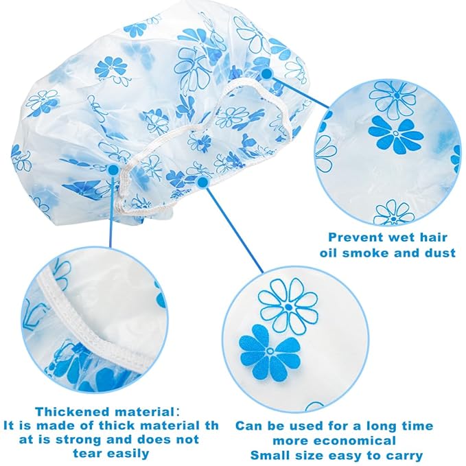 18Pcs Plastic Shower Caps for Women Waterproof Bath Caps Bathing Hair Cap Reusable Shower Caps for Shower,Spa,Salon,Housework,Girls,Home,Travel (Blue-Flower)