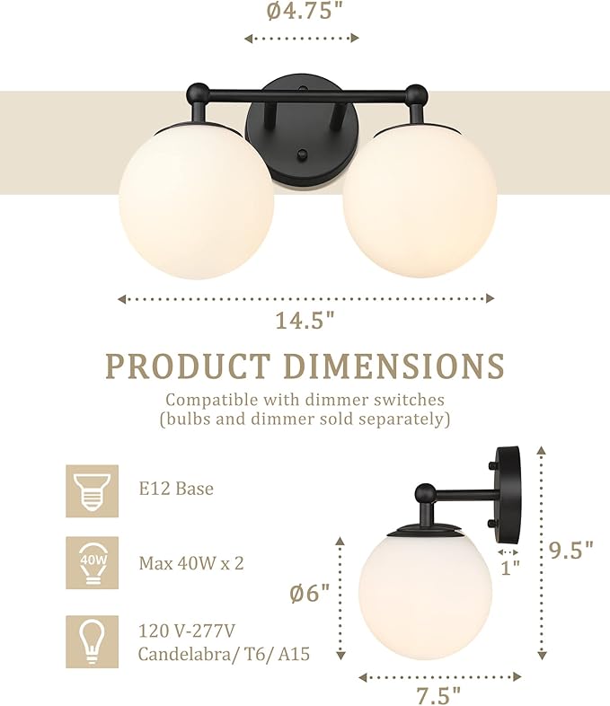 AKEZON 2-Light Black Bathroom Vanity Light Fixture, Modern Minimalist Vanity Lights with Milky White Glass Globe Shade, Wall Sconce Over Mirror Lighting for Bathroom Dressing Table Bedroom Living Room
