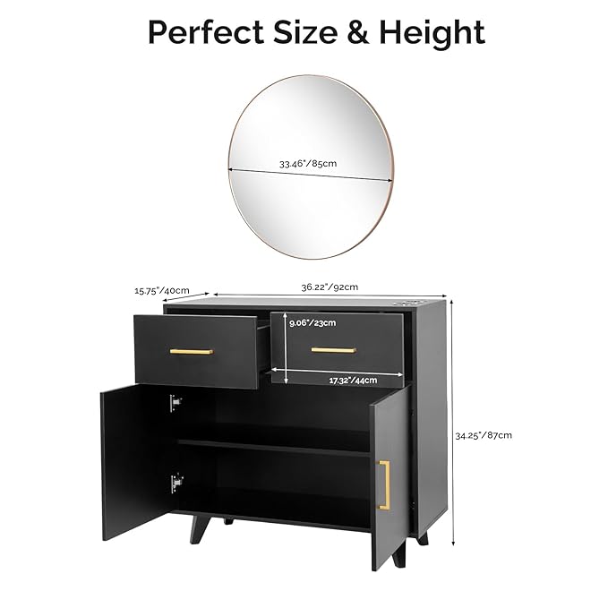 OmySalon Wall Mount Salon Station, Barber & Hair Stylist Station with Round Mirror, Hair Dryer Holders, Storage Cabinet & Adjustable Shelf, Beauty Spa Dresser, Black