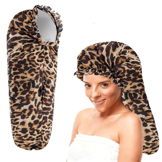 ELEBOX Extra Large Shower Cap for Braids/Curly Hair/Dreadlock | Reusable Waterproof Long Bonnets for Women Bath/Swim/Cooking/Cleaning/Spa | XL Bathing Cap with Adjustable Drawstring & Button, Leopard