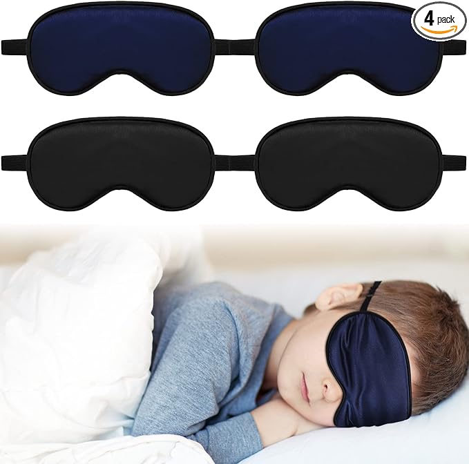 Sintege 4 Pcs Silk Eye Mask for Sleeping Kids Soft Eye Cover with Adjustable Strap Blindfold for Kids Boys Girls Christmas Travel Gift Nap Shade Blocking Light(Black, Navy Blue)