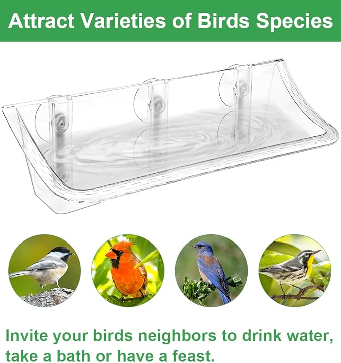 Clear Window Mounted Bird Feeder Bath with Strong Suction Cups for Outside, Transparent Glass Birdfeeder Birdbath for Cats, Kids, Elderly Viewing, 2 Pack