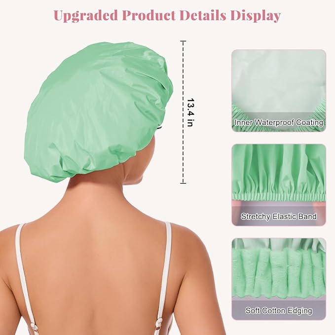 Shower Cap for Women Waterproof Reusable, Large Shower Cap Non-Slip with Elastic Band, Washable Bath Hair Hat for Long Hair, Braids (Mint Green)