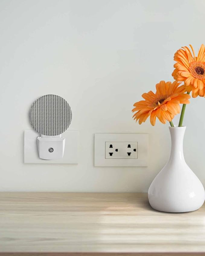 Night Lights Auto Sensor Gray Pinstripes Night Light Woven Denim Striped Round Lamp Plug-in LED Nightlights Dusk to Dawn for Living Room Bedroom Bathroom Hallway Wall Decor