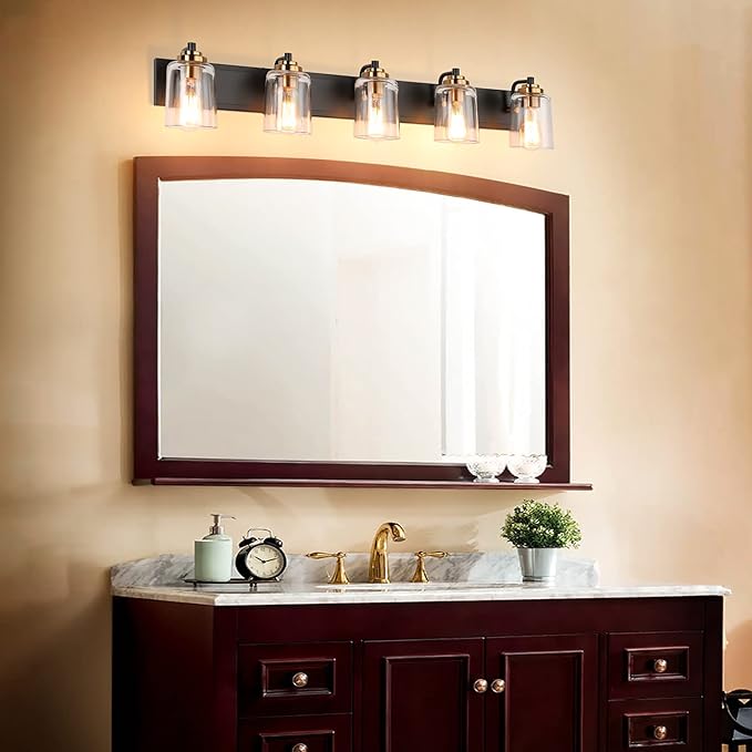 SOLFART 5 Lights Vintage Vanity Lighting Over Mirror Brass Bathroom Vanity Light Fixtures Thick Globes 8580 Lights