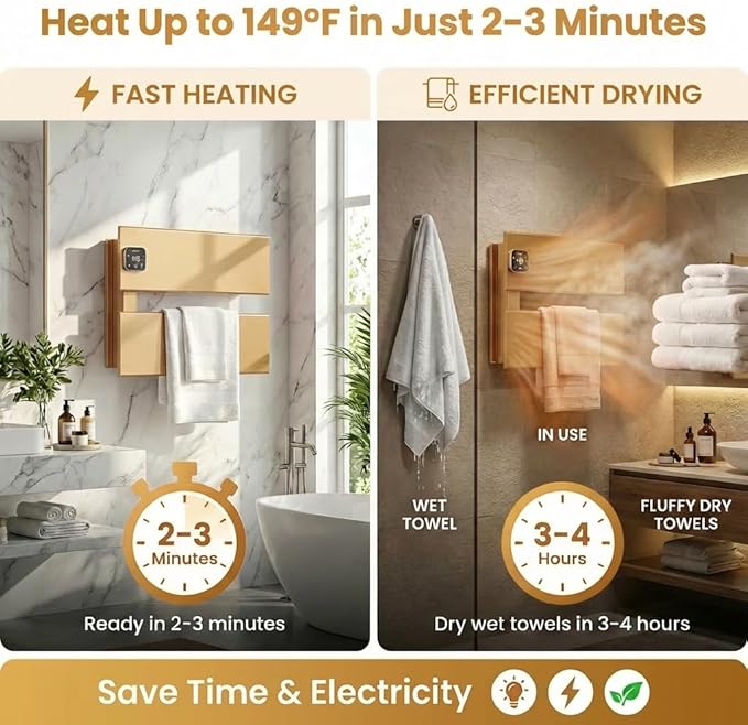 Electric Towel Warmer, Heated Towel Rack with Thermo Control and Timer, Fast Heating Towel Rail for Bathroom with Memroy Function, Work with Smart Plug, Left-Wiring, 2 Panel, Gold