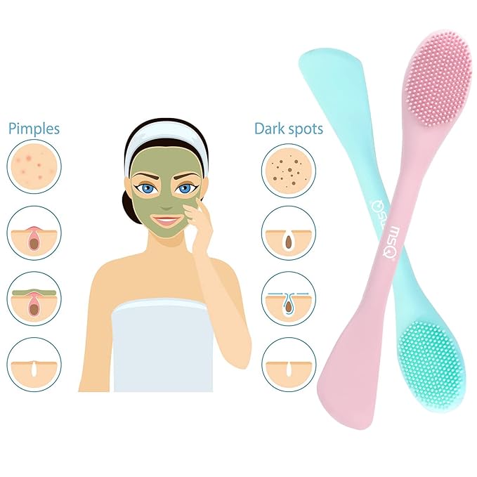 MSQ Silicone Face Mask Brush, Soft Facial Cleansing Scrubber, 2 Pack Double-End Facial Mask Brush for Mud, Clay, Charcoal Mixed Mask, DIY, Skincare Applicator Tools (Pink)