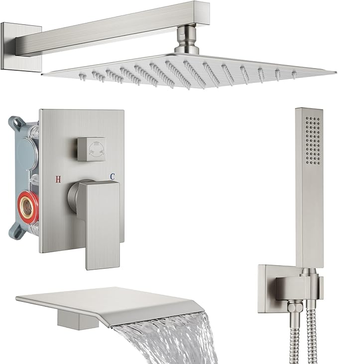 Midanya Shower System with Tub Spout,Bathtub Shower Faucet Set with Square Rainfall Head and Handheld Sprayer Wall Mount Tub Faucet Set with Valve and Trim Kit,10 Inch Brushed Nickel