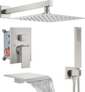 Midanya Shower System with Tub Spout,Bathtub Shower Faucet Set with Square Rainfall Head and Handheld Sprayer Wall Mount Tub Faucet Set with Valve and Trim Kit,10 Inch Brushed Nickel