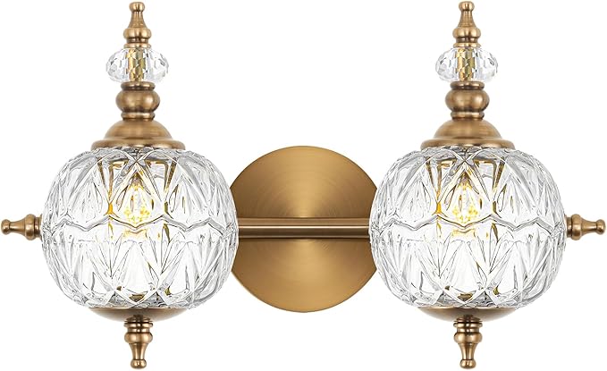 Brushed Antique Brass Bathroom Vanity Light Fixture Vintage Style - 2 Light G9 Bulb Compatible, 17" Wide Bathroom Lighting Over Mirror with Hand-Etched Glass Shades, Easy Mount for Makeup Area