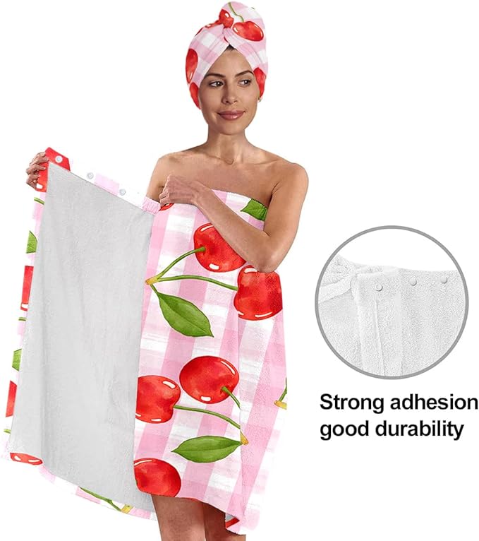 Cherry Bath Wrap with Hair Turban – Pink Check Microfiber Shower Skirt and Quick Dry Towel Set, Absorbent Lightweight Spa Wrap Gift for Women and Teens (Cherry 8)