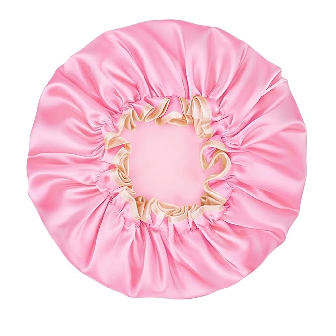 Waterproof Shower Caps for Women, Solid Color Dual-Layer Elastic Band Design Bath Hair Hat, Protects Hair In Shower, Spa, Cooking, Clean & Travel (Pink)