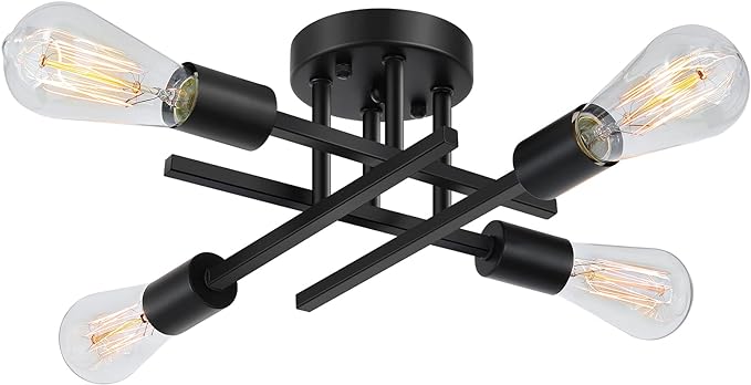 SunRider Industrial 4-Light Semi Flush Mount Ceiling Light Fixture, Modern Farmhouse Lights Matte Black, Rustic Sputnik Chandelier for Bedroom Foyer