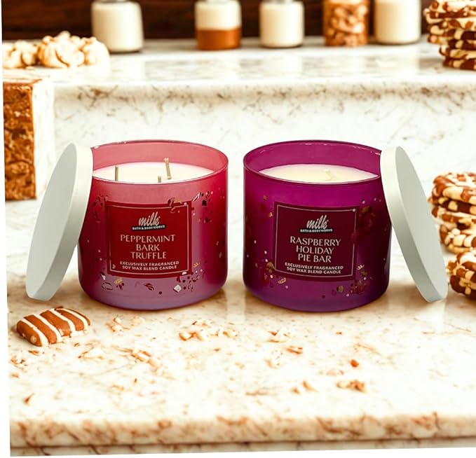Bath & Body Works Milk BAR Collection Holiday Dessert Scents 3-Wick Scented Candle 2pc Gift Set with 40-inch Gold Metallic Ribbon Bow - 14.5 oz Each (Peppermint Bark Truffle & Raspberry Holiday Pie)
