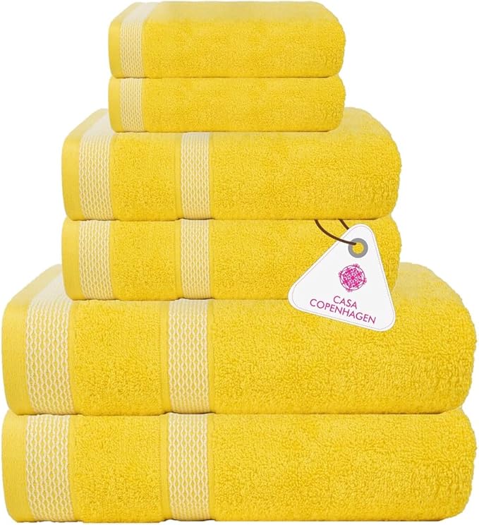 CASA COPENHAGEN Solitaire 6Pcs 100% Egyptian Cotton Large Designer Towels Gift Set- Butter Yellow, 600GSM, 2Bath 2Hand 2Washcloths, Bath Towels for Bathroom Set for Women & Men
