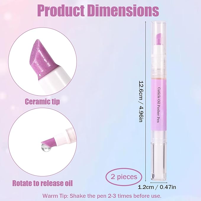2pcs 2 in 1 Cuticle Oil Pusher Pen, Portable Ceramic Cuticle Remover Pusher with Oil for Dry & Damaged Nails Cracked Cuticles Hangnail Moisturize Strengthen & Brighten Nails Care Tool (Purple)