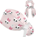 Scrub Caps Women Ponytail Cute Pink and White Leaves Caps Bouffant Working Hat Elastic Tie Back Hats with Button