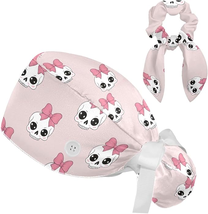 Scrub Caps Women Ponytail Cute Pink and White Leaves Caps Bouffant Working Hat Elastic Tie Back Hats with Button