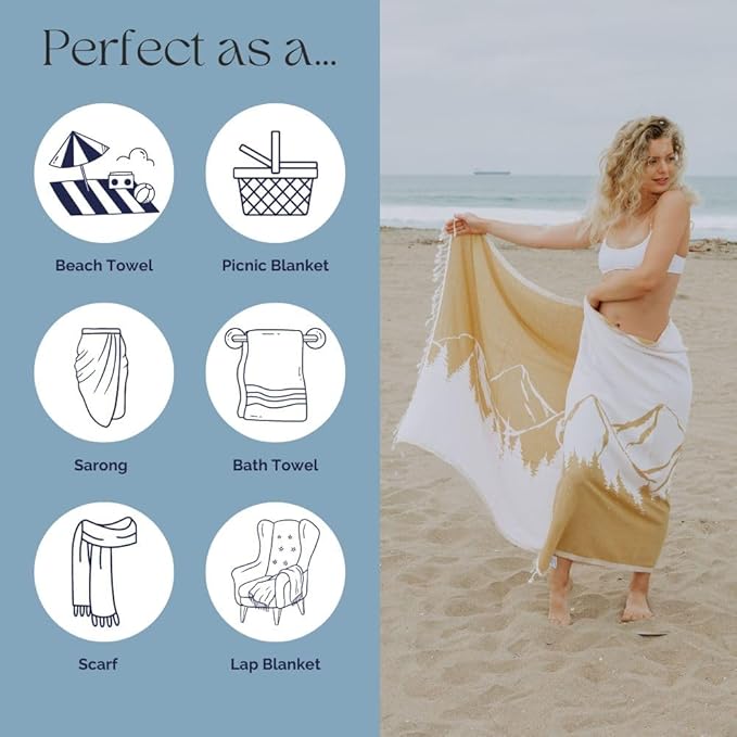 InfuseZen Turkish Towel with Mountain Landscape – 100% Organic Turkish Cotton - Sand Free Quick Dry Beach Peshtemal – Thin Reversible Absorbent Pool Hammam – Plus Size Gym, Travel Fouta (Mustard)