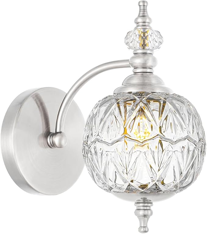 Brushed Nickel Bathroom Wall Sconce Vintage Style - G9 Bulb Compatible, Small Hardwired Bathroom Vanity Lighting with Hand-Etched Glass Shades, Easy Mounted for Bedroom Living Room Hallway