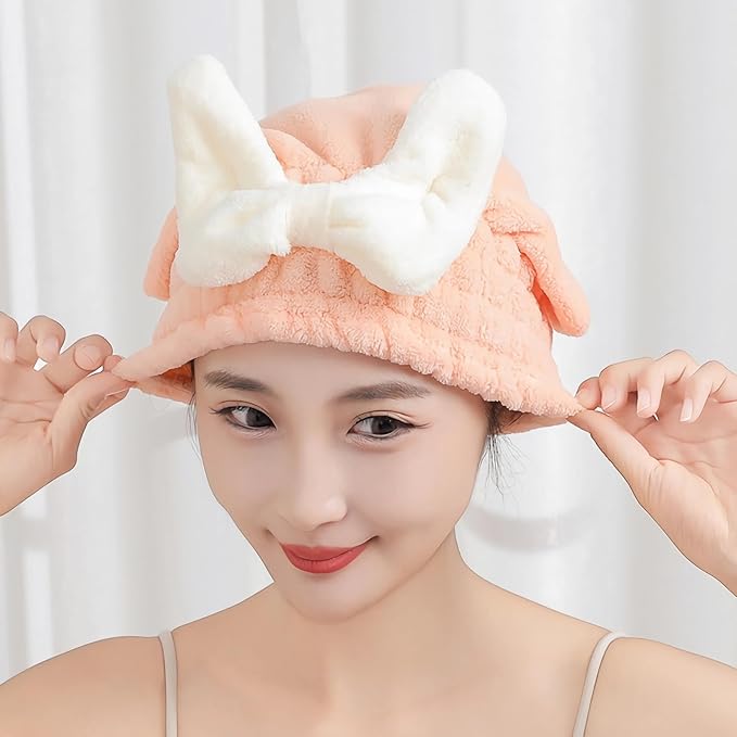Microfiber Hair Drying Cap,Ultra Absorbent Hair Towel Wrap Turban for Girls Women Soft Quick Dry Hair Towels with Bow Tie Shower Cap for Kids (Pink)