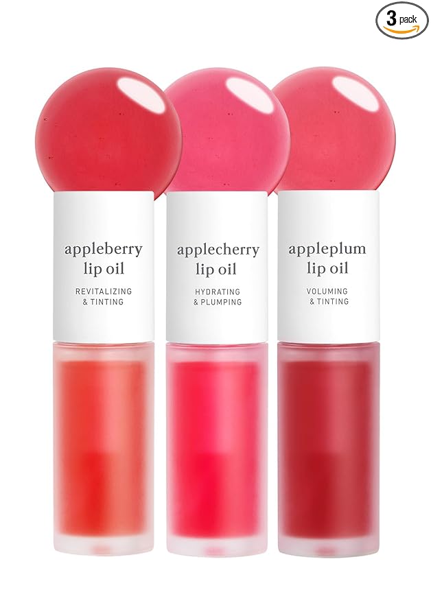 NOONI Vegan Appleseed Lip Oil Set - Appleberry & Applecherry & Appleplum | Long-Lasting, Moisturizing, Plumping, Revitalizing for Dry Lips, Waterproof, No Peel Off, 0.12 FL Oz x 3ea