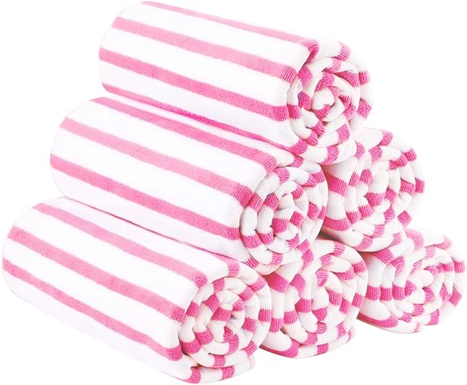 JML Microfiber Beach Towels Set of 6, 27" x 55", Large Bath Towel Cabana Stripe- Absorbent Quick Dry, No Fading, No Linting for Hair Wrap, Sauna, Pool, Sport, Yoga, Camping, Swimming, Pink
