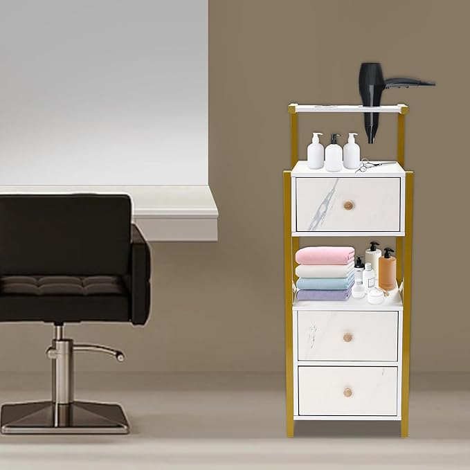 Beauty Salon Station Cabinet, Barber Station with 3 Drawer, Salon Organizer Storage Cabinet for Spa, Barber Store, Salon, Locker Room, Bathroom (Marble Color, Golden)