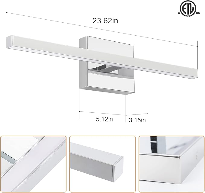 VOLISUN Modern Bathroom Vanity Light 23.6 inch, 14W Dimmable 5CCT Led Bathroom Light Fixture Over Mirror, Chrome Bar Wall Lights for Bathrooms Mirror Cabinets Bedroom-ETL Certificated