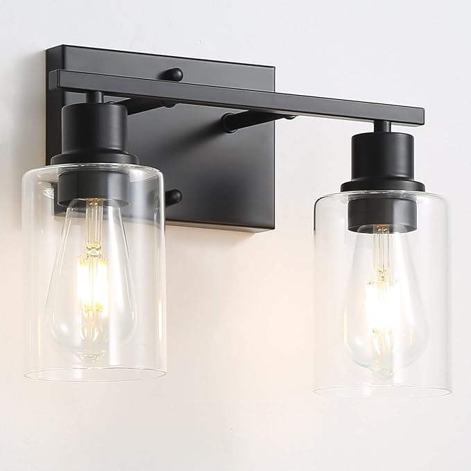 Bathroom Vanity Light Fixtures, 2-Light Matte Black Bathroom Lights, Wall Sconces with Clear Glass Shade for Hallway Farmhouse Bedroom Living Room