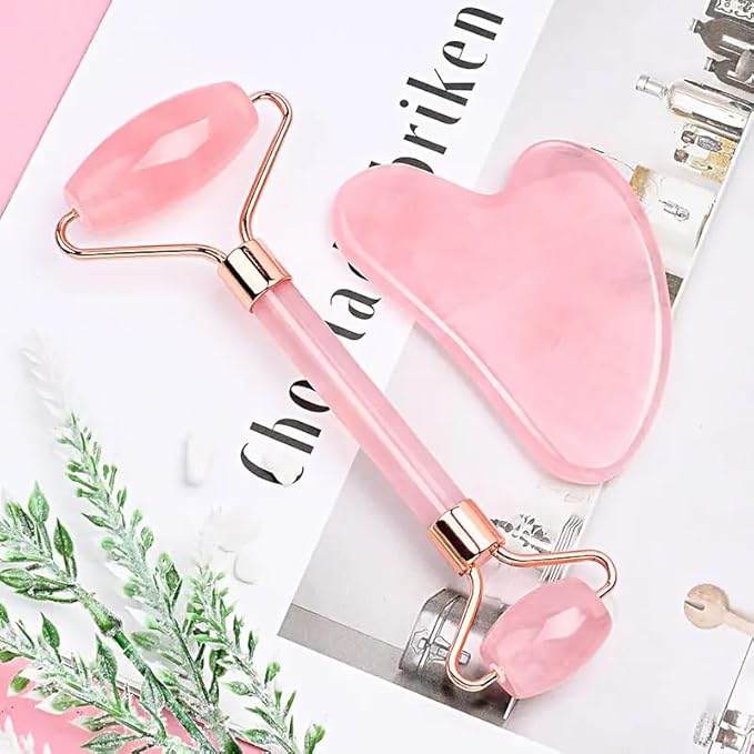 Rose Quartz Gua Sha & Jade Roller Set - Facial Massage Tools for Lymphatic Drainage, Face Sculpting & Puffiness Relief - Anti-Aging Skincare Duo for Women