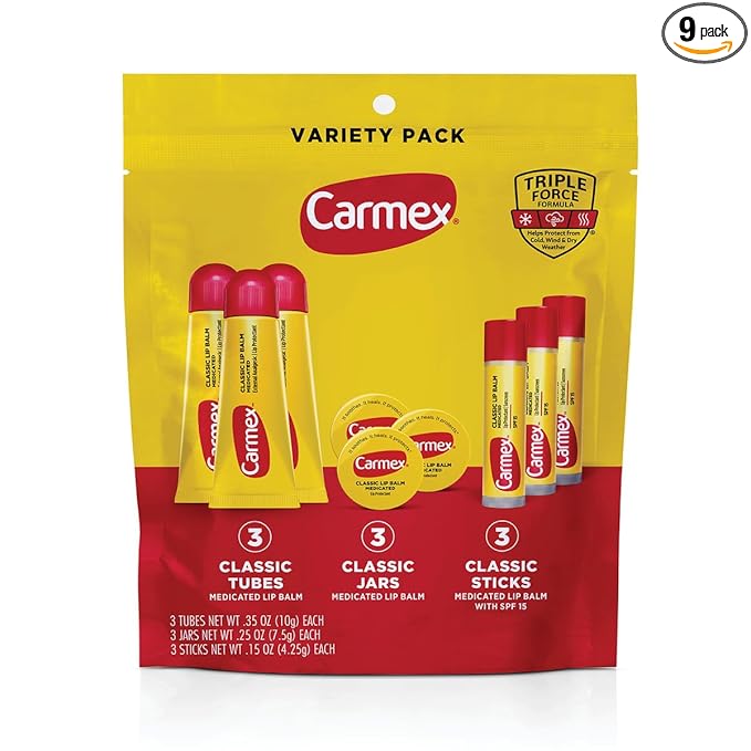 Carmex Classic Medicated Lip Balm Pack, Lip Moisturizer for Chapped Lips, 9-Count Variety Pack Bag (3 Tubes, 3 Sticks, 3 Jars)