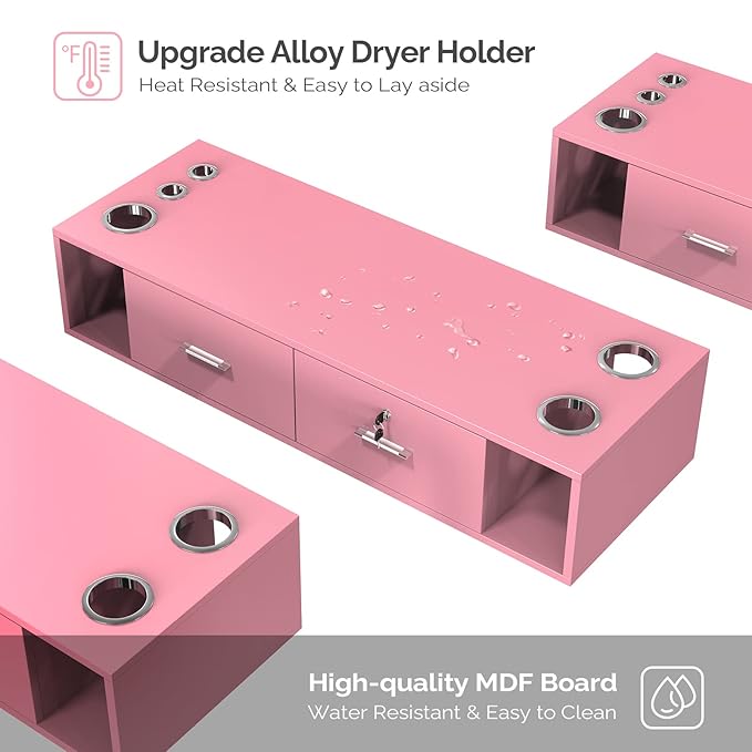 OmySalon Locking Wall Mount Styling Station, Beauty Barber Spa Equipment, Salon Cabinet Station for Hair Stylist,Bathroom Dresser with 5 Hair Dryer Holders,Pink