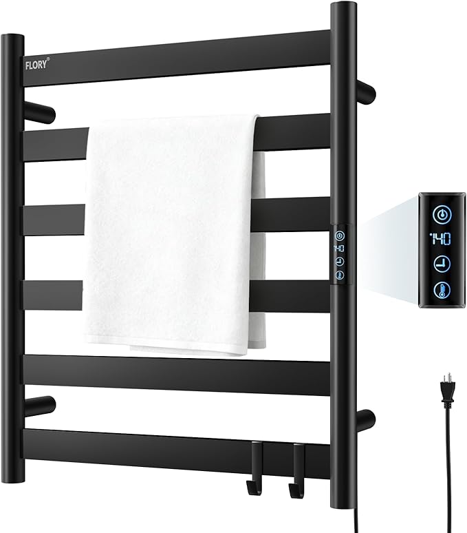 R FLORY Heated Towel Rack for Bathroom, 6 Bar Wall Mounted Towel Warmer Racl Flat with Timer & Temperature, Electric Towel Heater with LED Display Screen, Plug-in,Matte Black