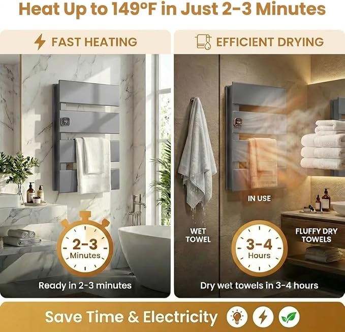 Electric Towel Warmer, Heated Towel Rack with Thermo Control and Timer, Fast Heating Towel Rail for Bathroom with Memroy Function, Work with Smart Plug, Left-Wiring, 4 Panel, Gun Gray