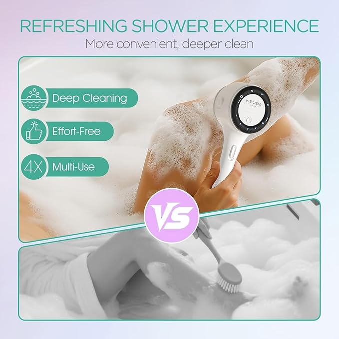 Electric Body Brush Back Scrubber for Shower, Waterproof Long Dual Handle Power Body Scrubber with 5 Heads, Bath Brush 3 Speeds, for Cleansing,Exfoliating and Massaging Skin,Gift for Birthday Holiday