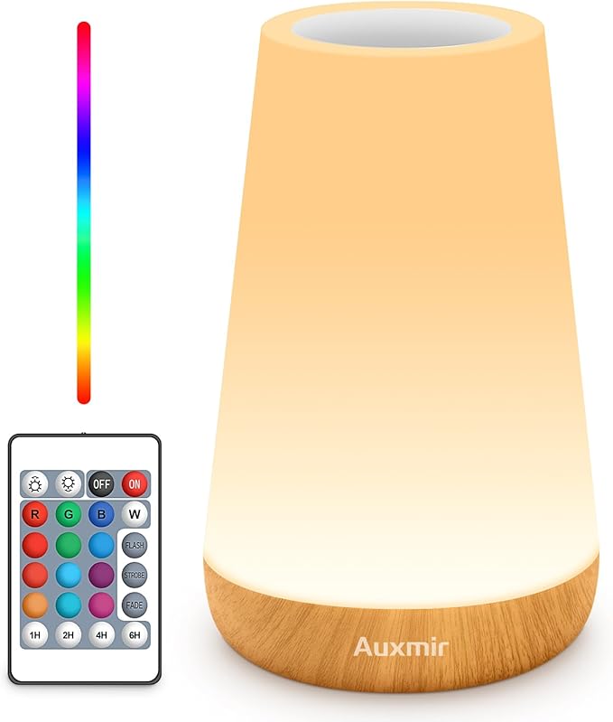 Auxmir LED Night Light Bedside Lamp Touch and Remote Control Dimmable Tabletop 13 RGB Colors Changing 5 Brightness Adjustable Rechargeable Portable Lamp for Baby Kids Nursery Bedroom Bathroom Camping
