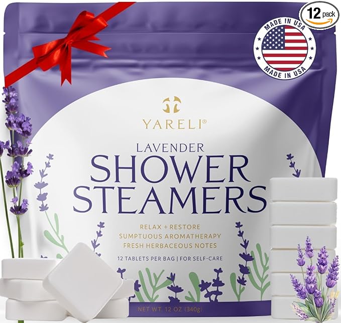Yareli Lavender Shower Steamers Aromatherapy – Calming Essential Oils, Slow-Dissolve Tablets for Relaxing Shower Self-Care Routine – Dye-Free, Made in USA – 12 Pack