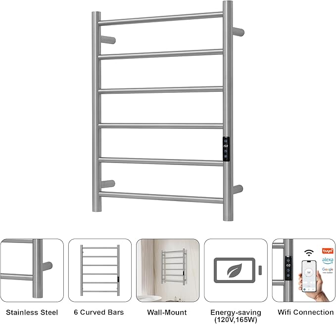 Electric Towel Rack with Voice Control for Alexa & Google Home,TUYA-Wall-Mounted Bathroom Heating Towel Warmer,Plug-in,26.77x20.47x4.39in,Stainless Steel Material,Brushed，6 Bars