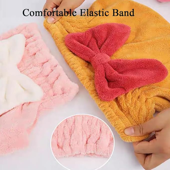 2Pcs Super Absorbent Microfiber Hair Towel Wraps for Women-Quick Drying Towel with Bow,Hair Drying Caps for Curly&Wet Hair, Anti-Frizz Turbans,Perfect for Hair Plopping (Blue & Pink)
