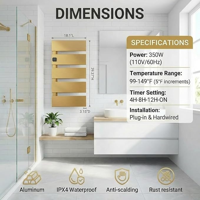 Electric Towel Warmer, Heated Towel Rack with Thermo Control and Timer, Fast Heating Towel Rail for Bathroom with Memroy Function, Work with Smart Plug, Left-Wiring, 5 Panel, Gold