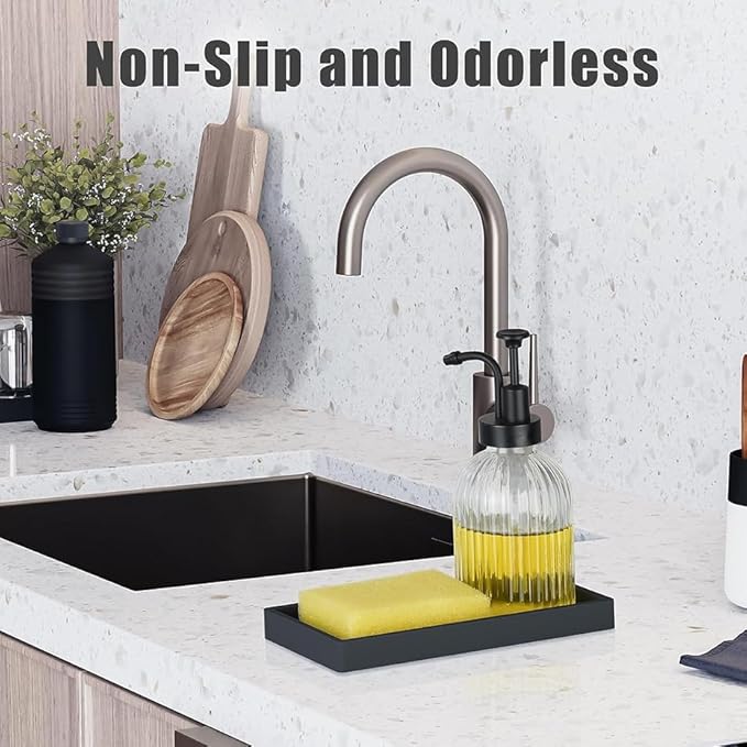 2PCS(7.87” L and 11.8” L) Silicone Soap Dispenser Tray, Kitchen soap Caddy countertop, Toilet, Black Tray for Scrubber, Lotion Bottles, Perfume, Jewelry, Candle, Key Trinket Ring-Black